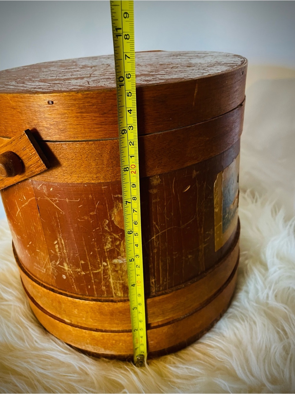 Vintage Primitive Wood FIRKIN Sugar Bucket Finger Bands Pegged Bentwood Handle - Picture 11 of 11